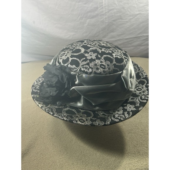 Hattie Carnegie Accessories - Whittall & Shon Black Silver Lace Church Derby Hat Wide Brim Floral Bow